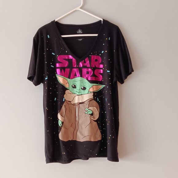 Disney Tops - Disney Star Wars Baby Yoda The Mandalorian V-Neck Tee Shirt Black Pink 2XL
